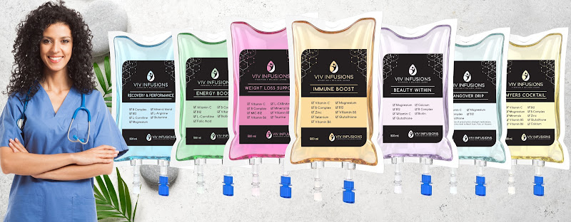 Nurse with VIV Infusions IV therapy bags for wellness and recovery.